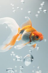 Goldfish swims in aquarium tank with white background. Vibrant orange body and white fins create aquatic charm. Bubbles surround fish, conveying movement and life.