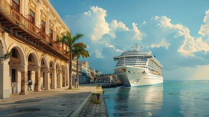 Poster - Visualize a cruise ship anchored near a historic coastal town, with ancient architecture and charming streets visible