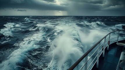 Sticker - Visualize a ferry on a stormy sea, with large waves crashing against the vessel and dark clouds overhead as the crew navigates through rough waters