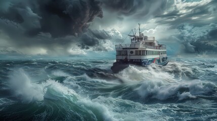 Sticker - Visualize a ferry on a stormy sea, with large waves crashing against the vessel and dark clouds overhead as the crew navigates through rough waters