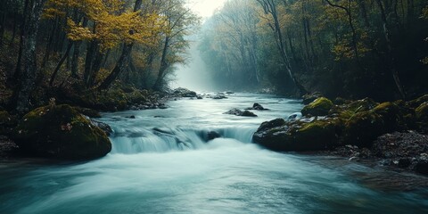 Canvas Print - Fast-flowing river through a misty forest.