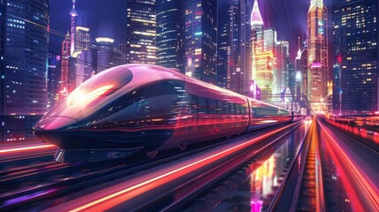 Poster - Visualize a high-speed train at night, illuminated by city lights and surrounded by a vibrant metropolis.