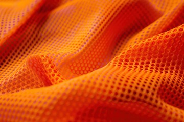 Aufkleber - Vibrant orange synthetic fabric with textured pattern. Smooth, shiny with intricate holes. Blurred background highlights fabric details for sports clothing and jersey designs.