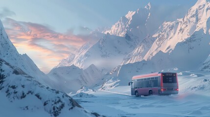 Wall Mural - Visualize a long-distance bus navigating through snowy mountains, with snow-covered peaks and a clear winter sky