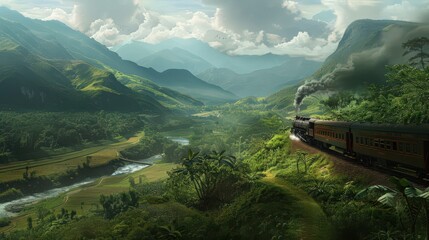 Visualize a passenger train journeying through a lush, green valley with rivers and rolling hills in the distance