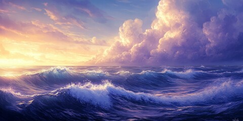 Wall Mural - A purple sunset over crashing ocean waves.