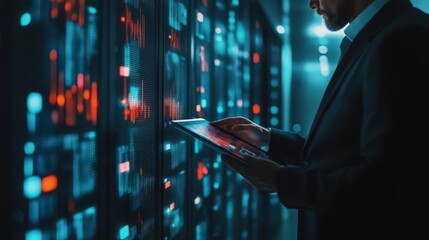 Poster - With a digital tablet, a businessman explores blockchain technology and data encryption, applying AI to improve security and data science applications.