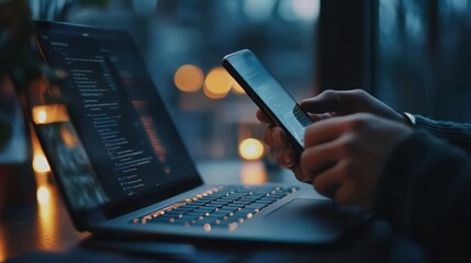Poster - With comprehensive data protection, a user manages their mobile phone and laptop using encryption and privacy security systems