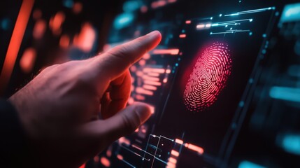 Poster - With fingerprint scanning, a businessman unlocks and accesses the secure data network, maintaining privacy