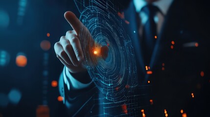 Poster - With fingerprint scanning, a businessman unlocks the secure network, accessing private and protected data