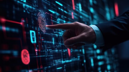 Poster - With fingerprint scanning, a businessman unlocks the secure network, accessing private and protected data