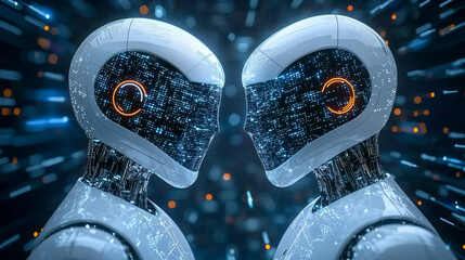 Aufkleber - technology Digital Marketing, Internet of Chatbot Technology in the Future Computer Lifestyle Technology Abstract futuristic digital AI, robots, and circuit design in neon blue and purple lights