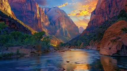 Wall Mural - Zion National Park's scenic canyon walls, bathed in the warm glow of the setting sun, create a dramatic and colorful landscape perfect for photography and reflection.