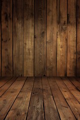 Poster - Wooden wall texture background with natural brown color. Close-up view of wooden planks with gaps creating depth, texture. Perfect for design projects, website backgrounds, or social media graphics.