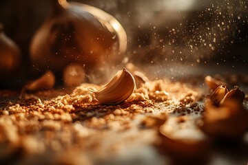 Single garlic clove resting on spices in dramatic lighting