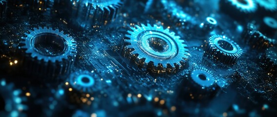 Abstract digital background with gears and cogs in blue color