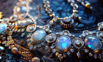 Poster - Intricate silver necklace with cascading opal and moonstone pendants, Video