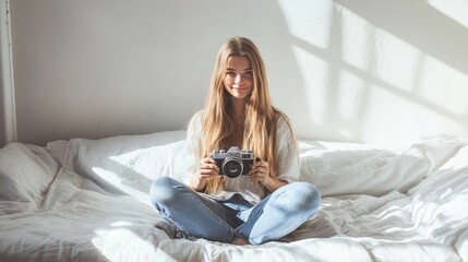 Young woman sitting comfortably on her sofa, holding a vintage camera with excitement, ready to embark on a creative project. Capturing the essence of enthusiasm inspiration for a new artistic venture