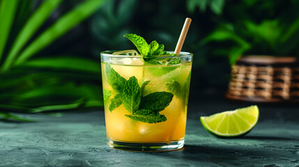 Poster - Mojito Drink With Bamboo Straw Dark Background