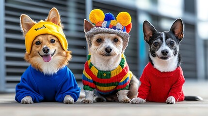 Adorable dogs in colorful hats and sweaters, posing cheerfully outdoors, perfect for pet lovers and fashion shots.