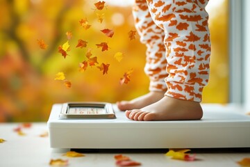 A close-up of a child’s feet standing on a scale with the focus on the scale’s display