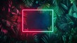 © exclusive.com - A stylish green and red neon light frame intertwined with tropical leaves, the vivid neon lights casting a soft reflection on the glossy leaves, all set against a deep, dark backdrop