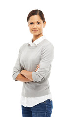 Poster - Portrait, power and confident business woman in studio isolated on white background. Arms crossed, face and creative entrepreneur, professional or publicist at startup with job opportunity in Brazil