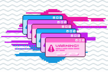 Poster - Pixel Art Stacking Warning Dialog with Bright Hologram Color tone Pink to Blue on Glitched Circle and Fuzzy Lines background
