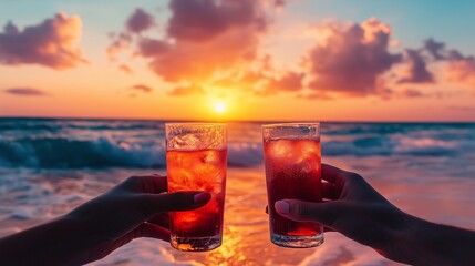 couple clinking glasses of cocktails on an exotic beach, the waves gently lapping the shore as they enjoy the moment together under a vibrant sunset