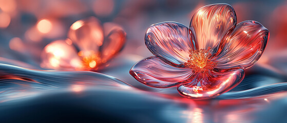 Poster - A close-up of a delicate, abstract glass flower with glowing petals, blending vibrant colors and light.