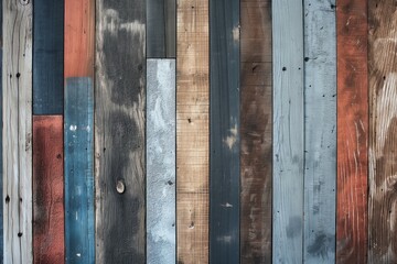 Poster - Rustic wooden wall texture with red blue brown planks worn weathered. Close-up view of wooden structure with vertical horizontal pattern. Perfect background for design projects posters prints