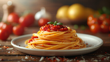 A plate of spaghetti with red sauce and basil on top