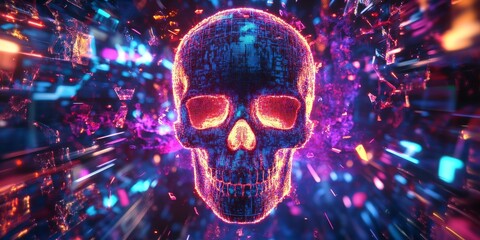 Canvas Print - Neon skull in a digital, glowing space.