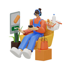 3d illustration Girl Enjoying Online Shopping Comfort