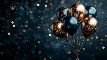 Dark and gold balloons with confetti on a blue background with copy space. Party concept. 