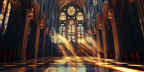 Sunlight streams through stained glass in a cathedral.