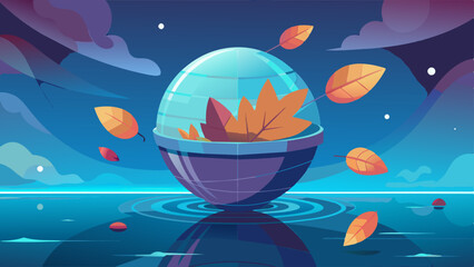 Wall Mural - Half sphere mockup floating on water with leaf falling background. Futuristic technology digital hi tech concept