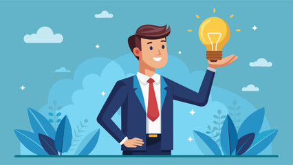 Sticker - Flat style. Businessman hand holding ideas light bulb, give idea