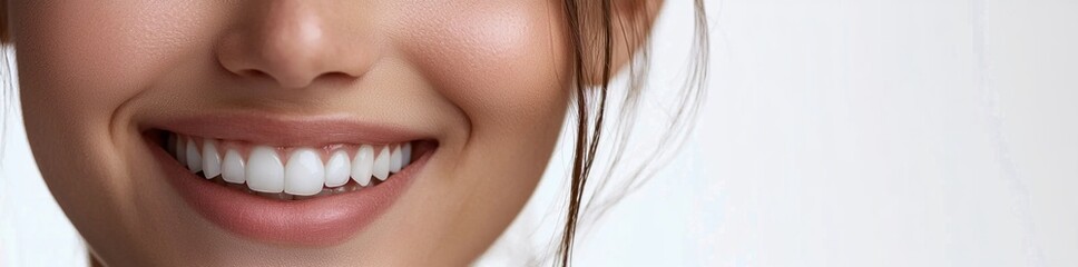 Close-up portrait of a young woman with radiant smile with copy space. 