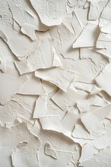 Aufkleber - White wall covered in small paper pieces with varied sizes, shapes. Chaotic texture background for creative projects. Close-up view of recycled paper surface. Useful for art, design, DIY purposes.
