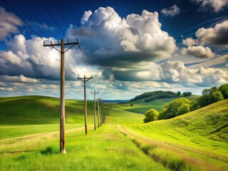 A serpentine rural utility line stretches across a rolling green hillside, wooden poles weathered to a silvery gray, under a vast blue sky with puffy clouds.