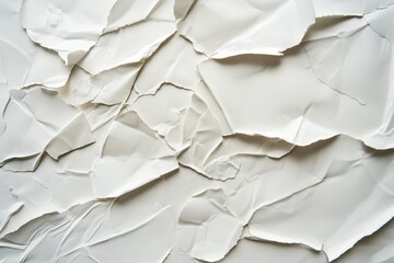 Leinwandbilder - Crumpled white paper texture on cardboard surface. Close-up view of rough, folded and torn paper against stark white background. Perfect for eco-friendly, sustainable, craft or design projects.