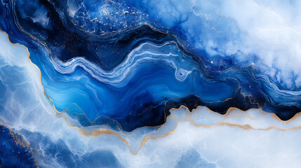 Fototapete - Abstract fluid blue and gold marble texture with flowing patterns resembling ocean waves.
