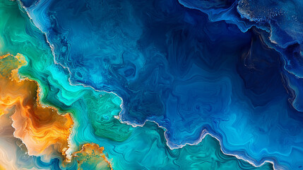 Poster - Abstract fluid blue and gold marble texture with flowing patterns resembling ocean waves.