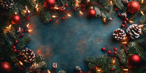 Wall Mural - Christmas decorations on dark background. Christmas and New Year! Flat lay, top view. Copy space. Mock up