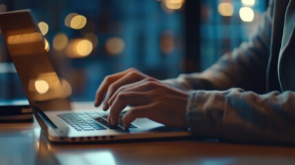 A person is typing on a laptop in a dimly lit room