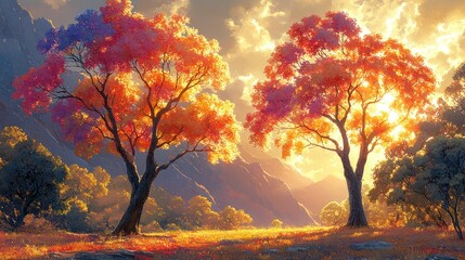 Vibrant autumn landscape with colorful trees and a glowing sunset.