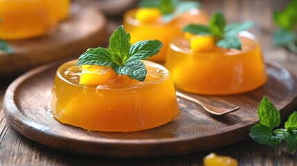 Wall Mural - A plate of fruit jello with mint leaves on top