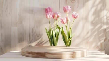 Sticker - Empty cylinder podium with pink tulips on beige wood background for product display.