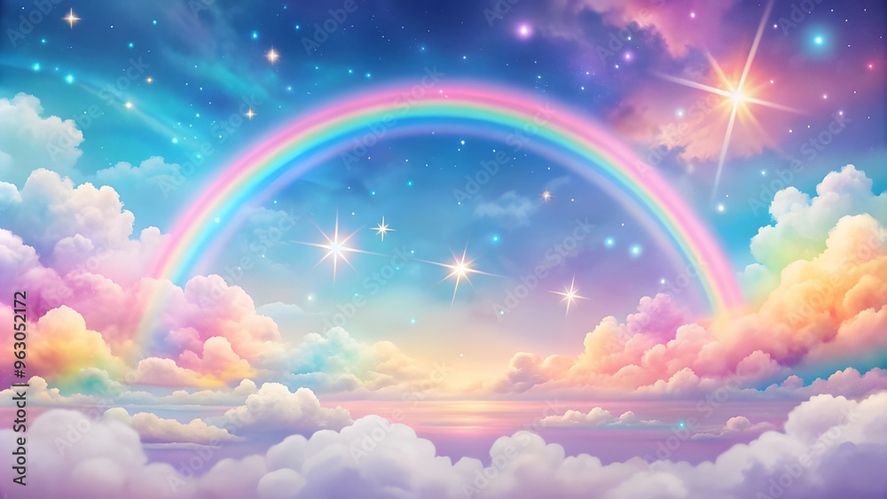 Holographic fantasy rainbow background with clouds and stars. Pastel ...
